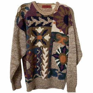 Vintage Northern Isles Floral Abstract  Knit Sweater Tan Neutral Granny